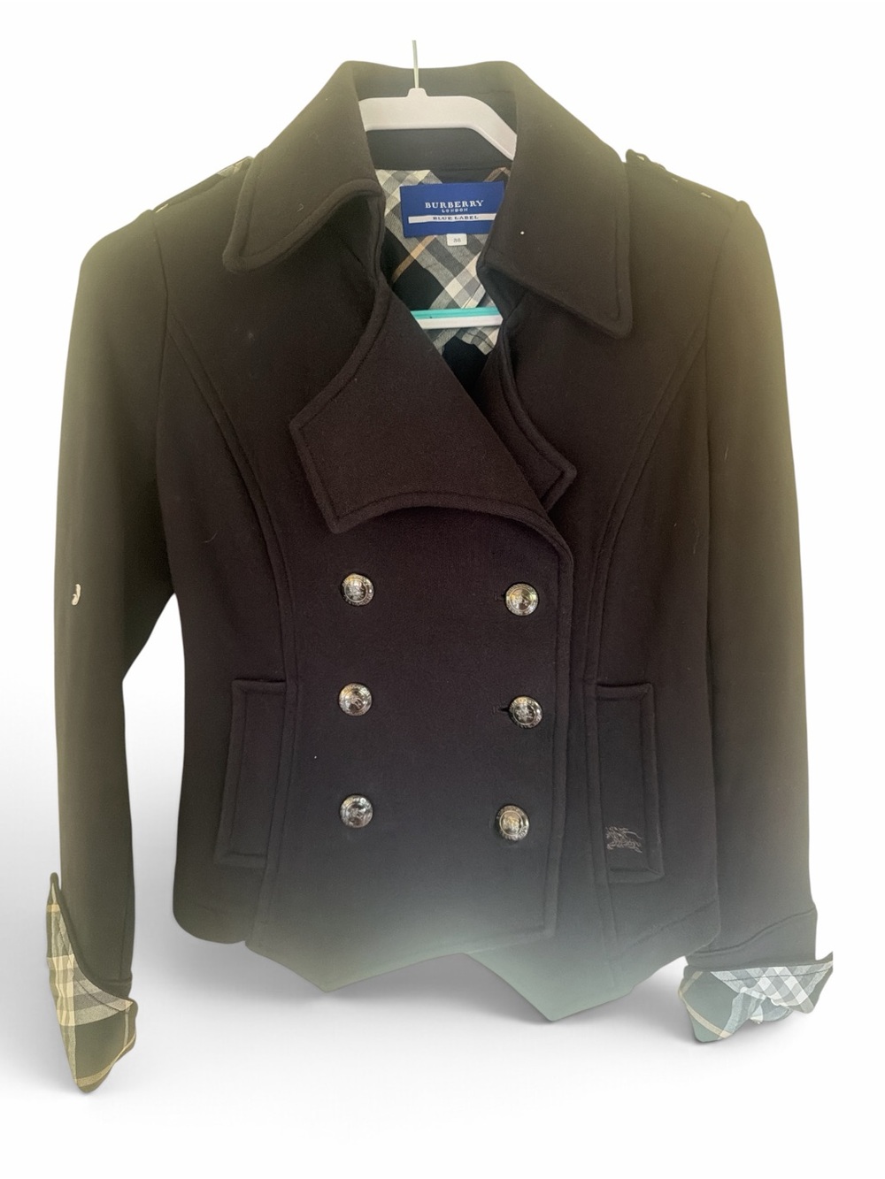 Burberry Black Double-Breasted Short Peacoat with Check Trim